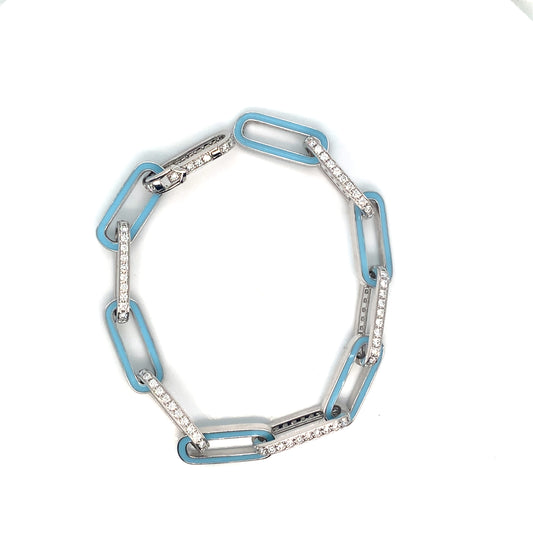 18K White Gold Paperclip Bracelet | Italian Enamel & Diamond Accents