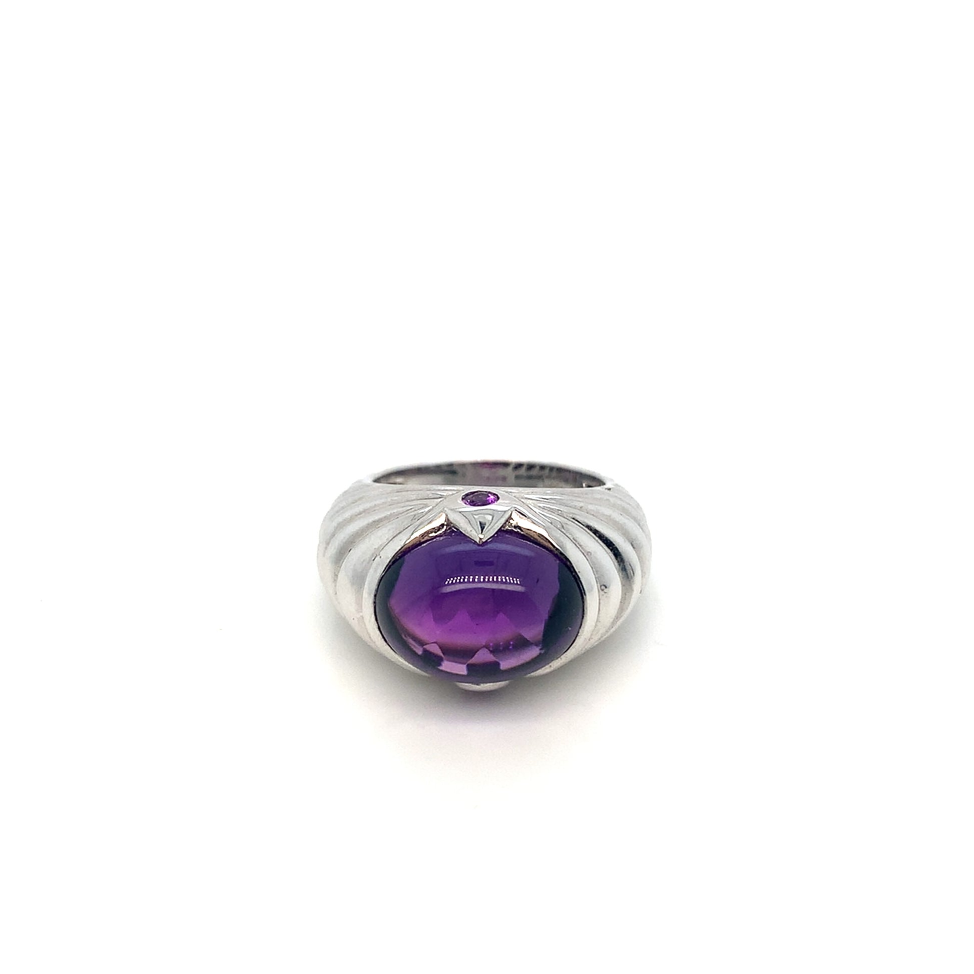 14K Gold Ripple Amethyst Ring | White Gold Cabochon Ring