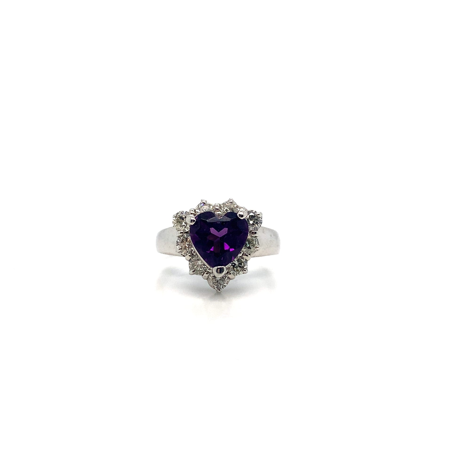 14K Gold Heart Amethyst Ring | Diamond Halo White Gold Ring