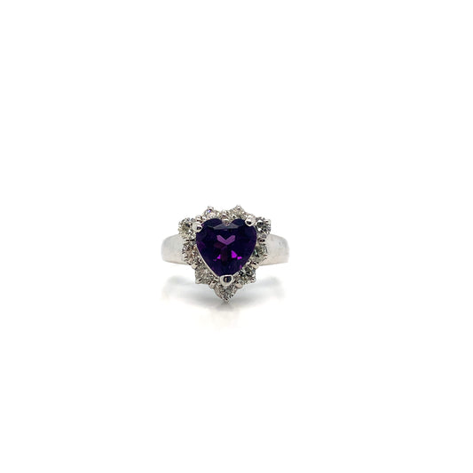 14K Gold Heart Amethyst Ring | Diamond Halo White Gold Ring