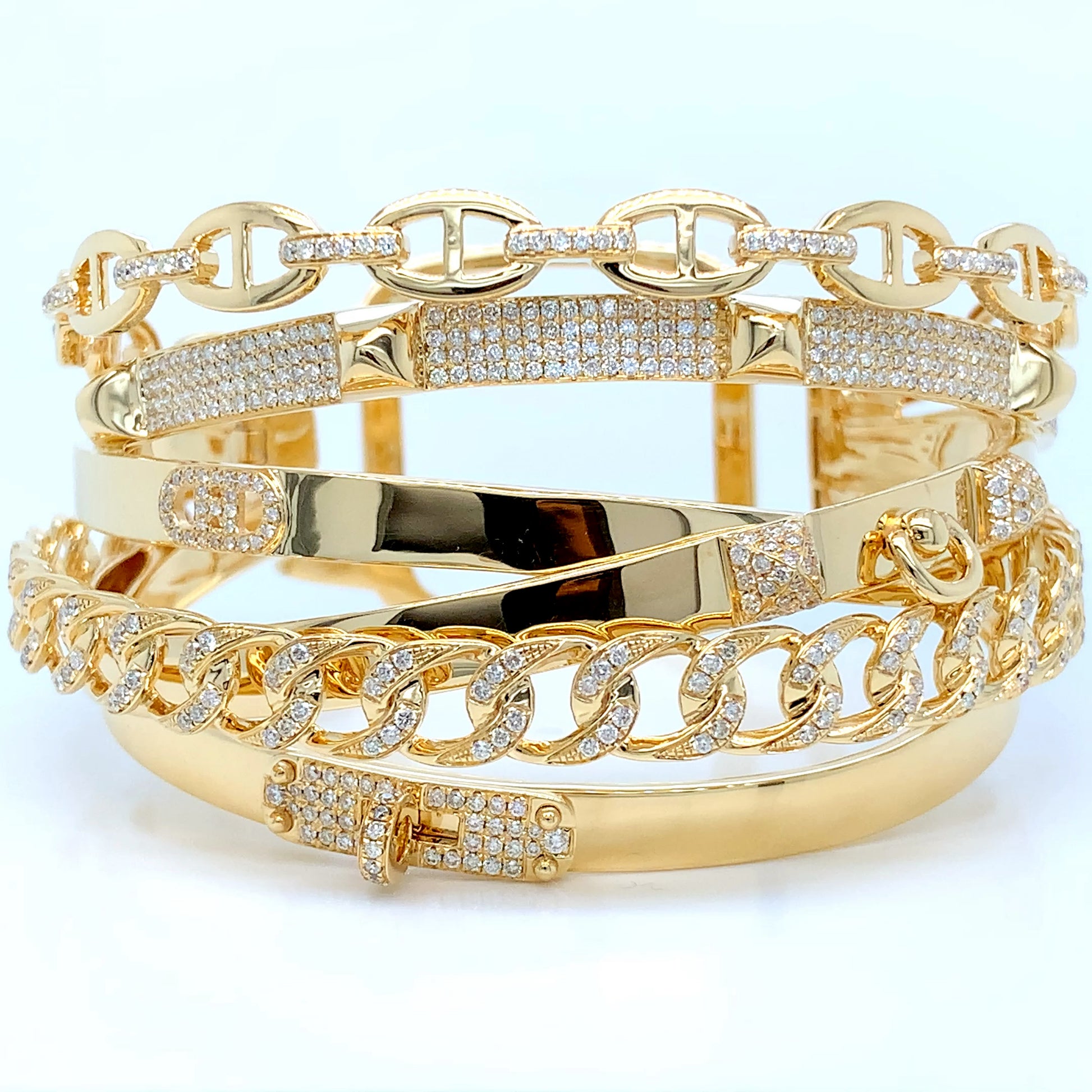 18K Gold Multi-Layer Diamond Cuff | Statement Yellow Gold Bracelet
