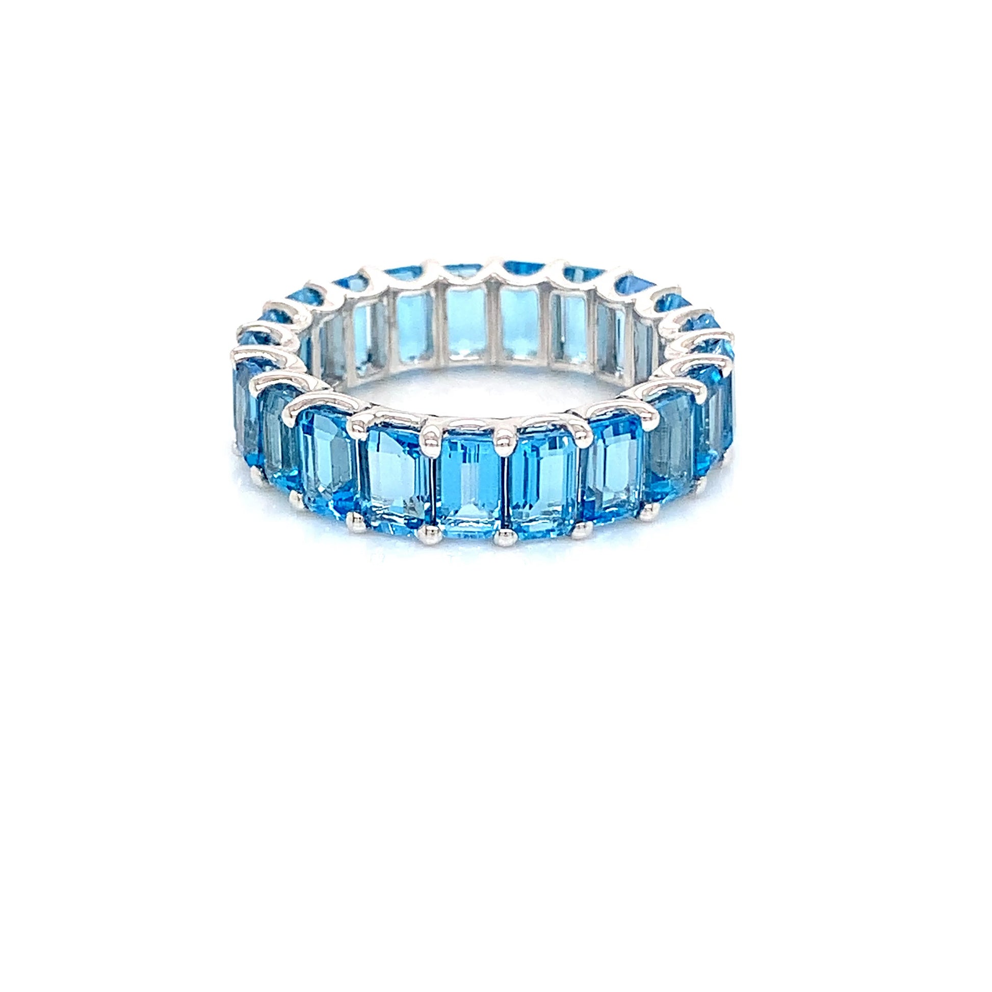 14K Gold Blue Topaz Eternity Band | Emerald-Cut White Gold Ring