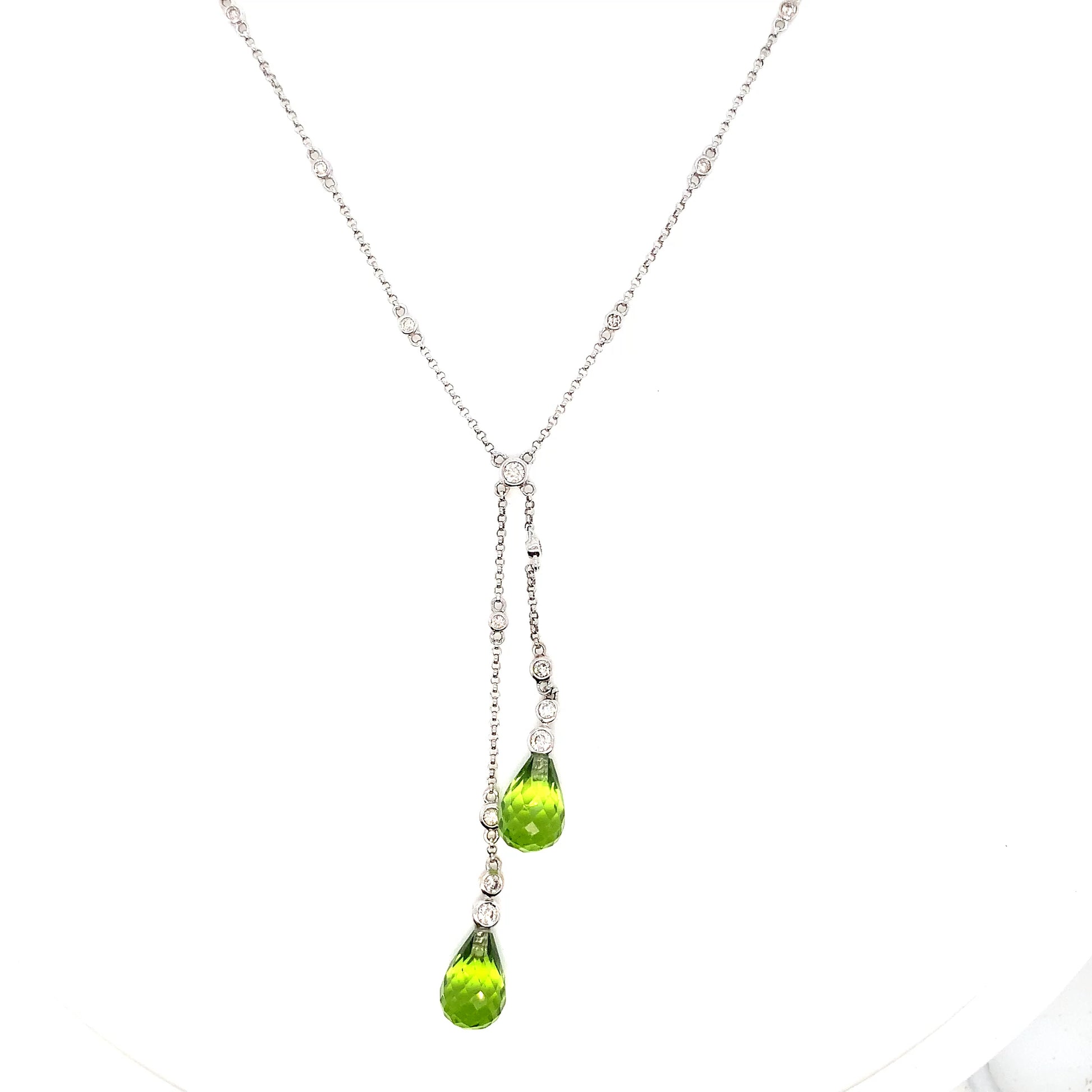 18K Gold Peridot Diamond Lariat Necklace | Elegant White Gold Drop Necklace