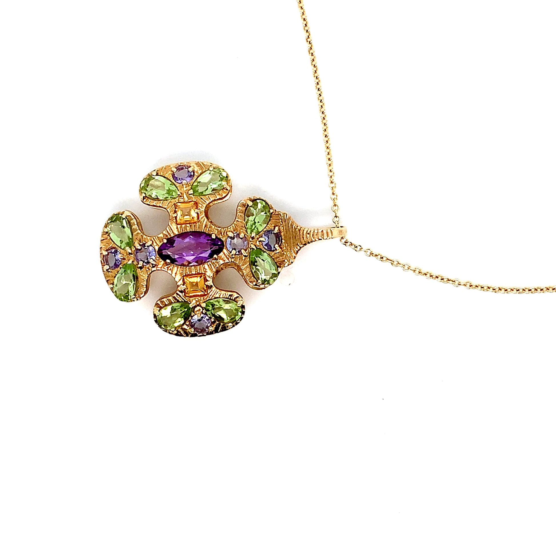 14K Gold Fantasy Motif Pendant Necklace | Citrine, Amethyst & Peridot