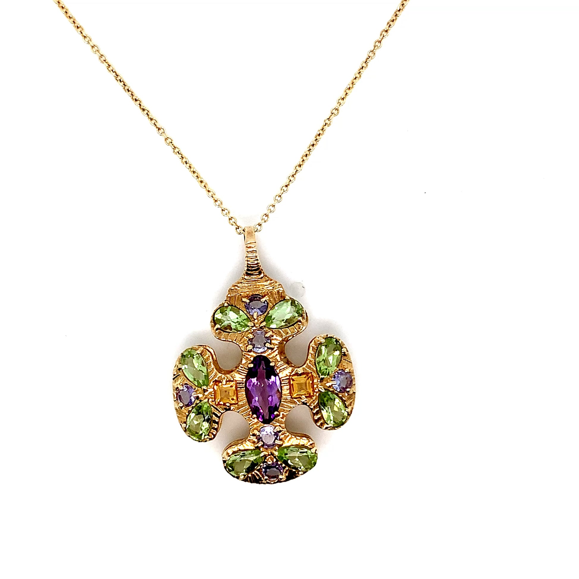 14K Gold Fantasy Motif Pendant Necklace | Citrine, Amethyst & Peridot