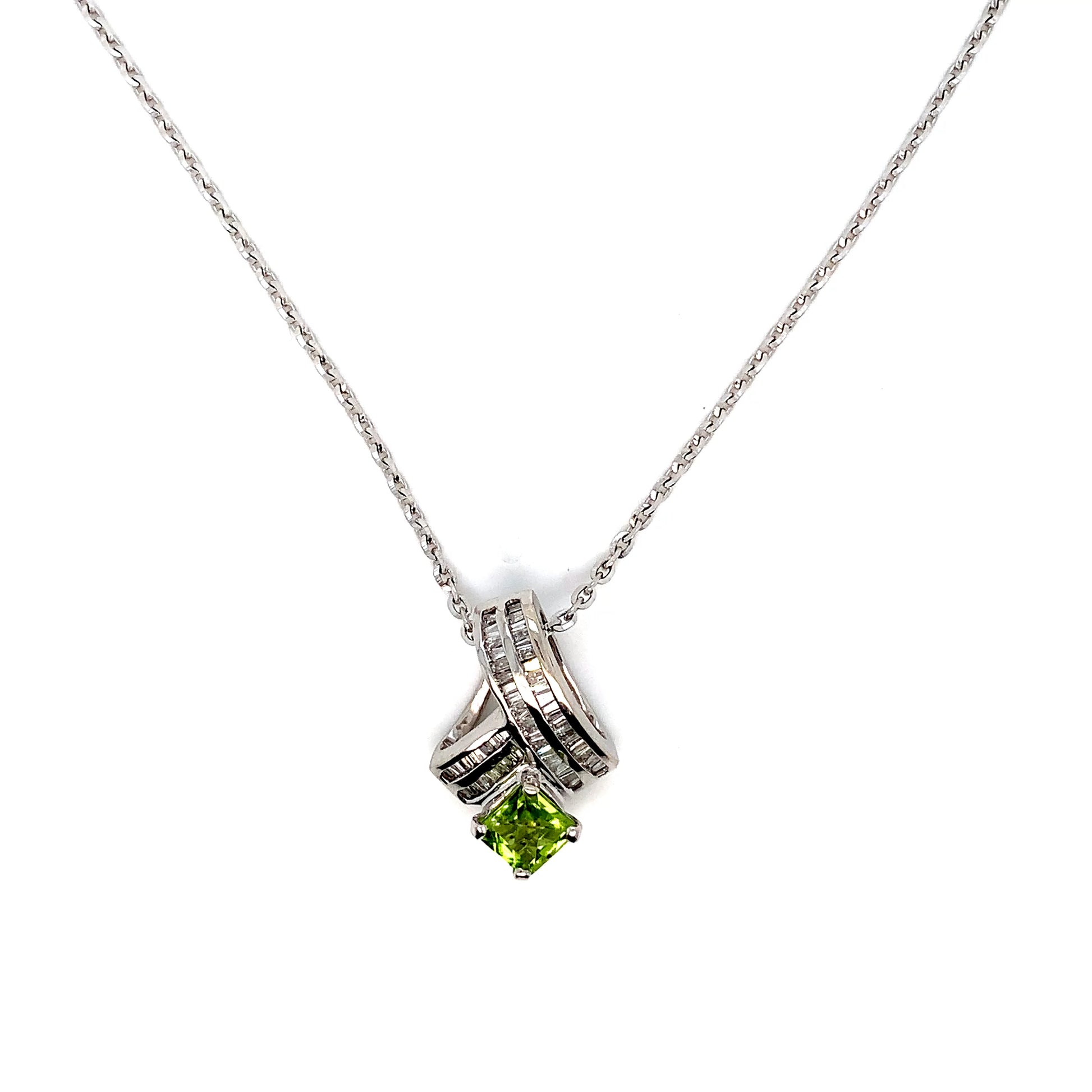 White Gold Peridot & Diamond Pendant Necklace | 14K Elegant Design