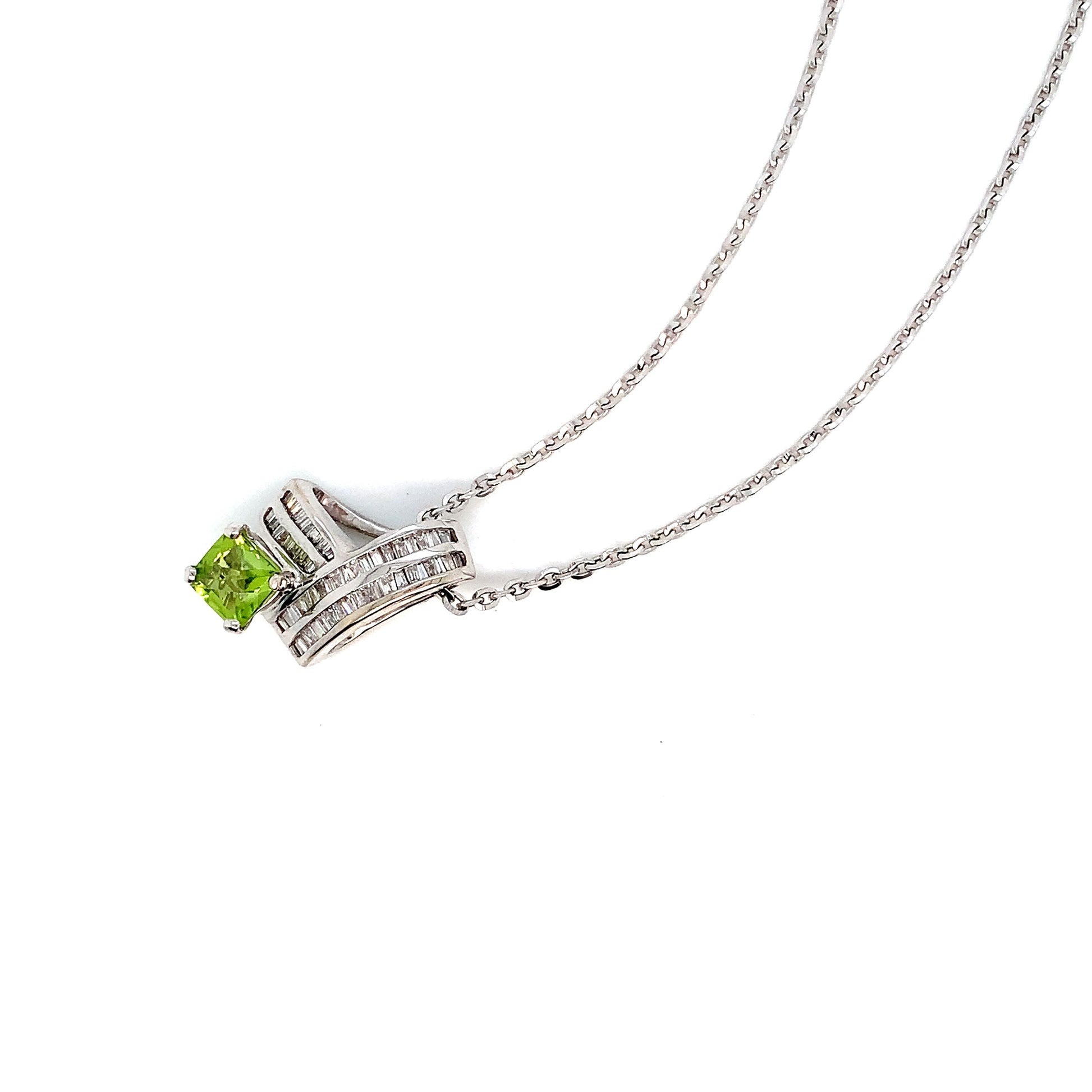 White Gold Peridot & Diamond Pendant Necklace | 14K Elegant Design
