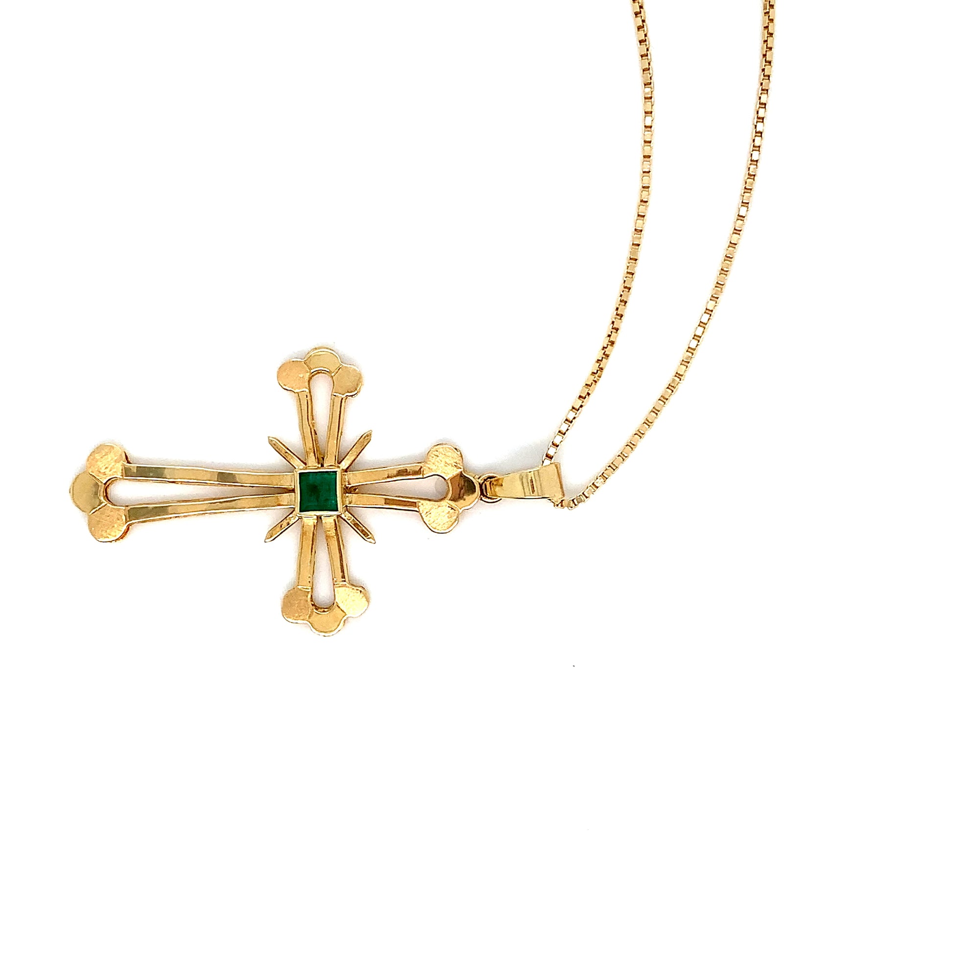 Gold Cross Emerald Pendant | 18K Yellow Gold Necklace