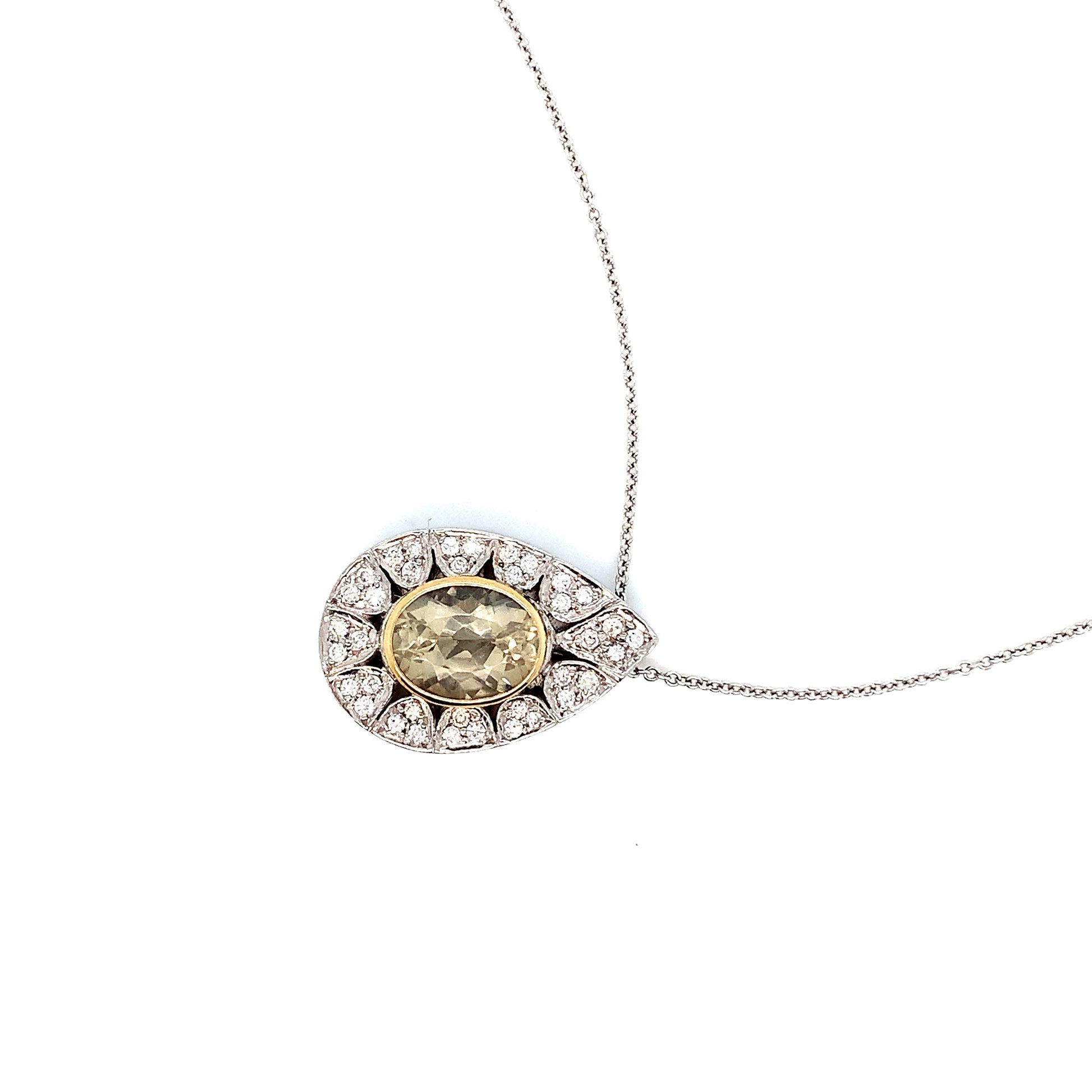 White Gold Lemon Quartz Pendant | 18K Diamond Necklace