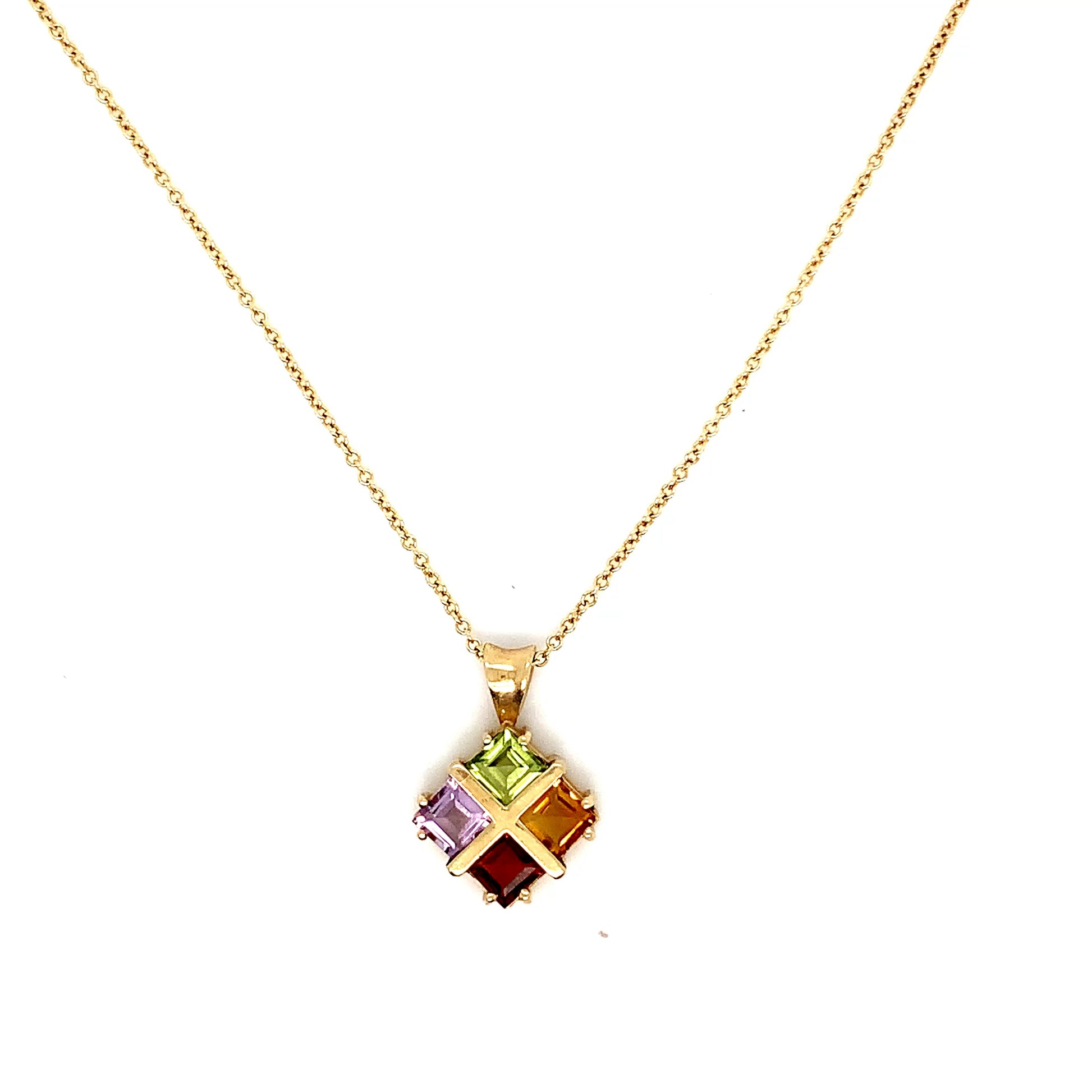 Gold Square Gemstone Pendant | 14K Multi-Stone Necklace
