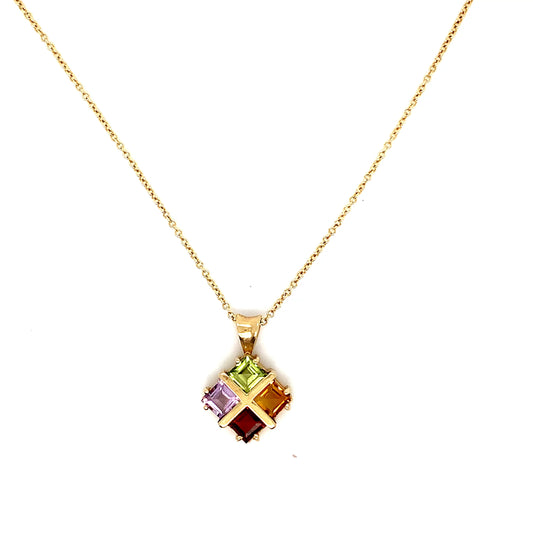 Gold Square Gemstone Pendant | 14K Multi-Stone Necklace