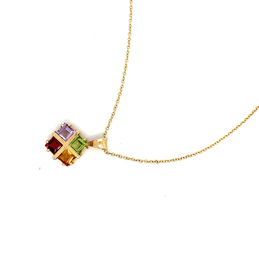 Gold Square Gemstone Pendant | 14K Multi-Stone Necklace