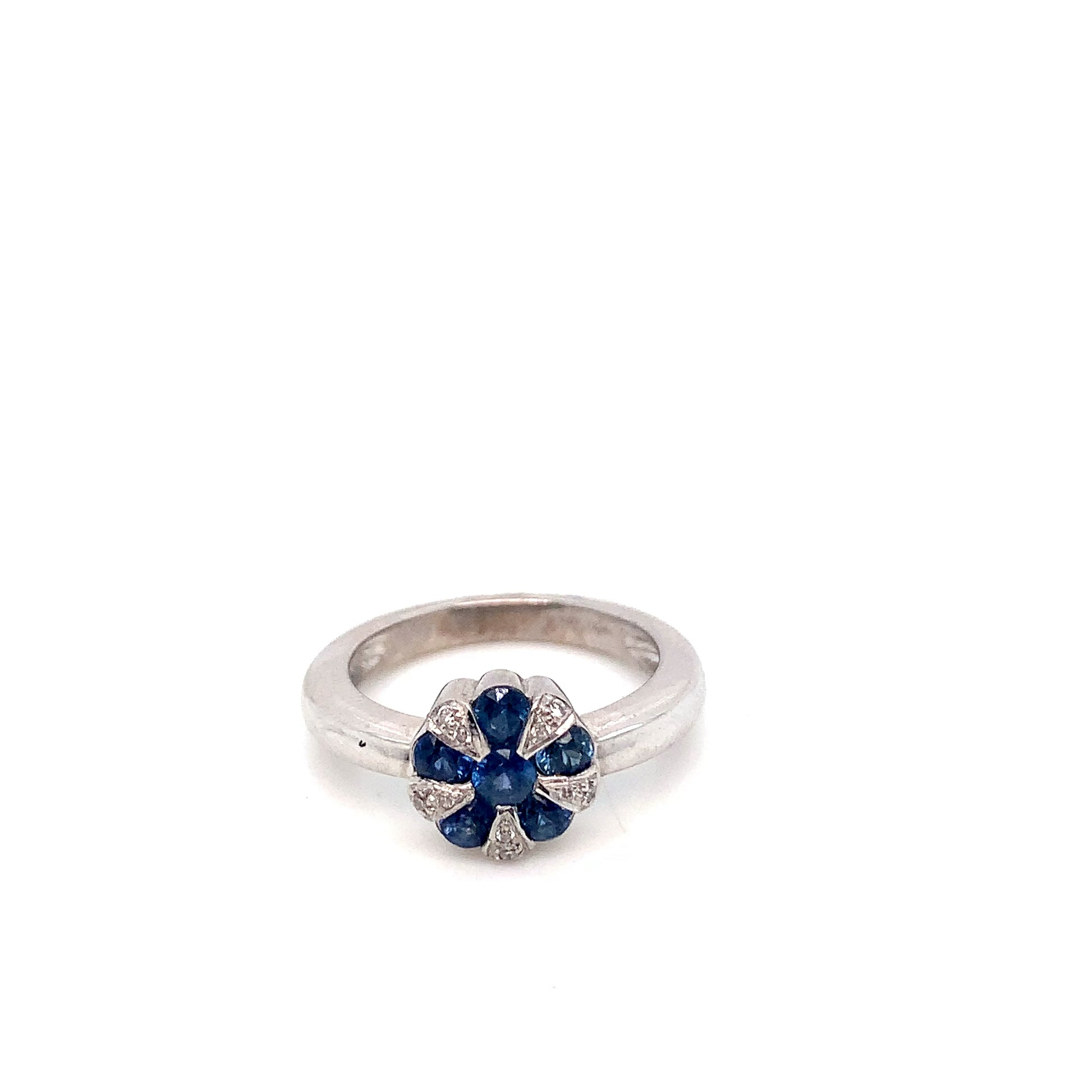 White Gold Sapphire Diamond Ring | 18K Fantasy Motif Design