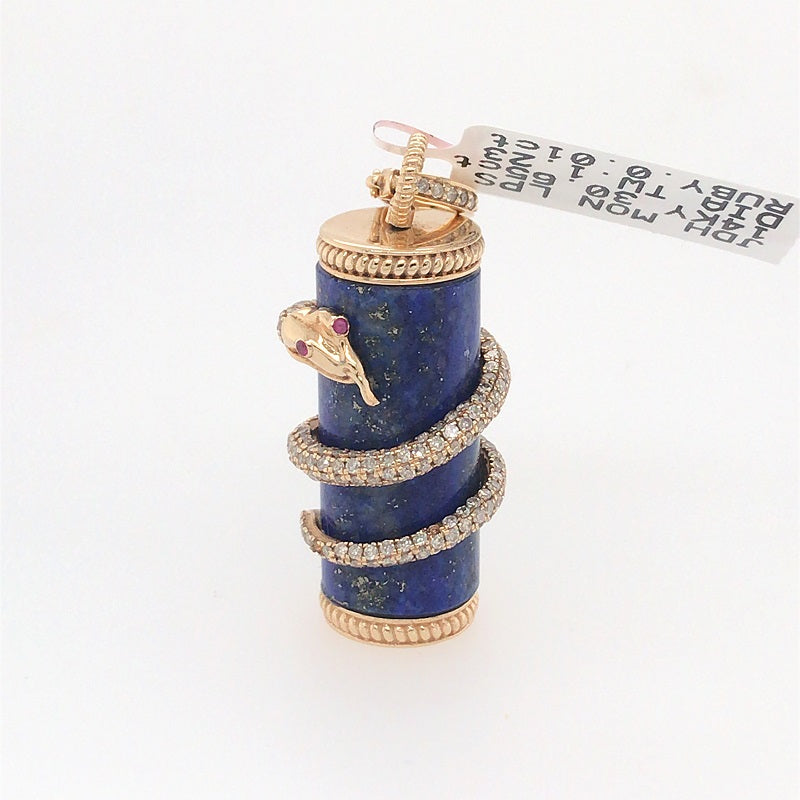 14K Yellow Gold Snake Wrapped Around Lapis Pillar Pendant with Chain