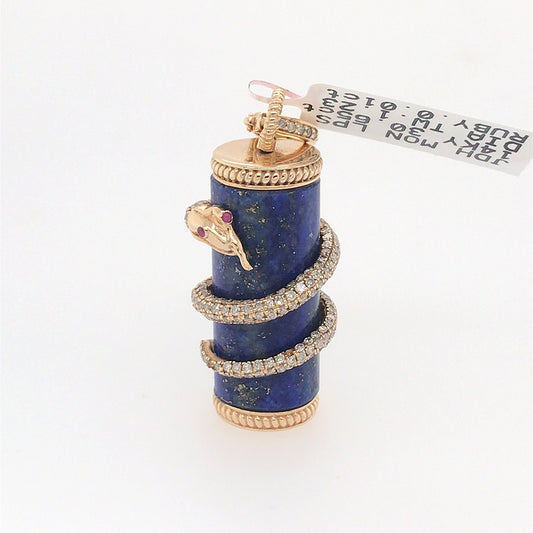 14K Yellow Gold Snake Wrapped Around Lapis Pillar Pendant with Chain