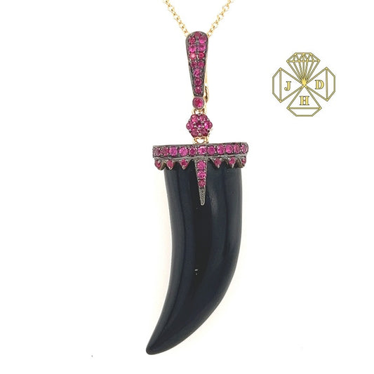 14K Yellow Gold Onyx and Pink Diamond Tusk Necklace Pendant