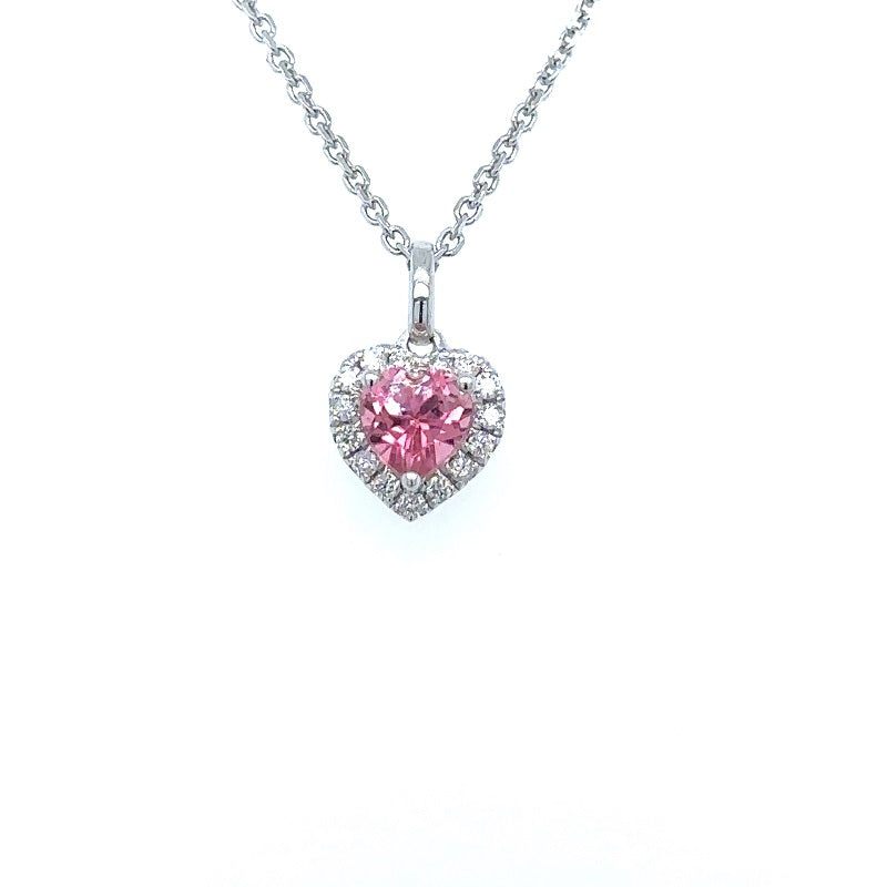 18K White Gold Heart Pendant with Pink Sapphire and Diamond Halo