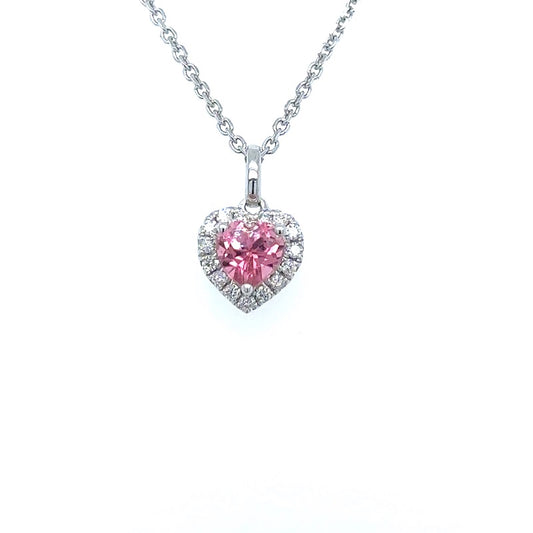 18K White Gold Heart Pendant with Pink Sapphire and Diamond Halo