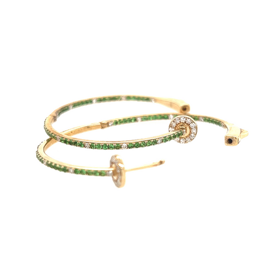 14K YELLOW GOLD TSAVORITE AND DIAMOND HINGED ROUND HOOPS