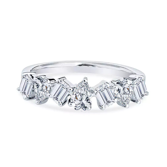 Enchanted Journey: Pear & Emerald Diamonds Dance in This Unique18K White Gold Wedding Band