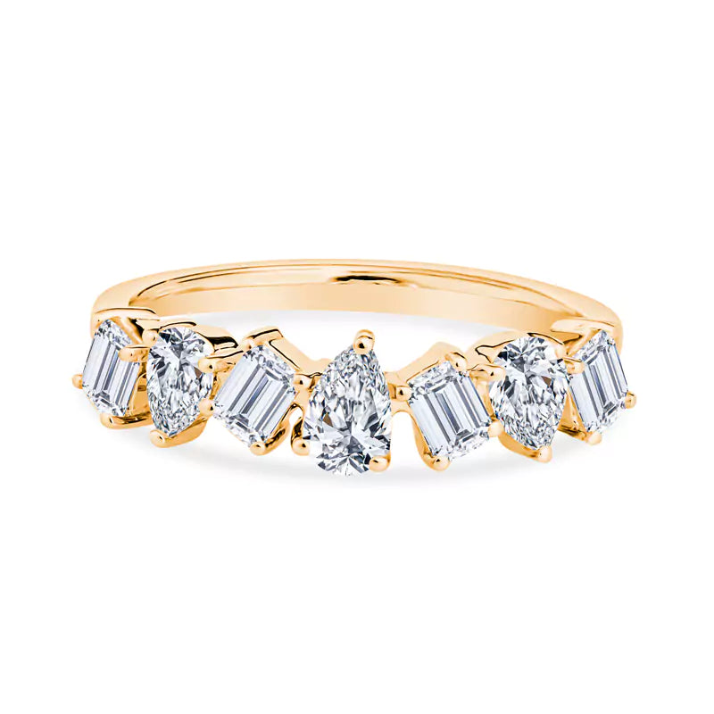Enchanted Journey: Pear & Emerald Diamonds Dance in This Unique18K Yellow Gold Wedding Band