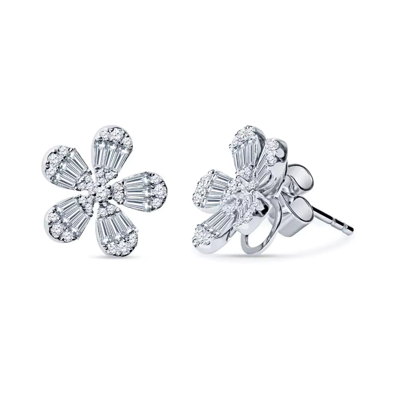 Blooming Brilliance: Baguette & Round Diamonds Dazzle in Floral Earrings