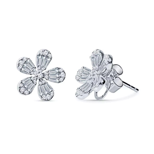 Blooming Brilliance: Baguette & Round Diamonds Dazzle in Floral Earrings