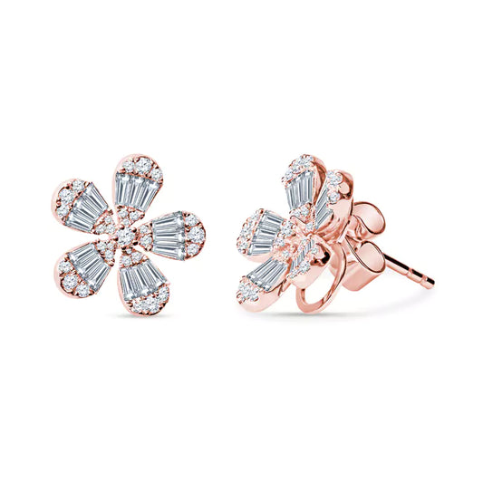 Blooming Brilliance: Baguette & Round Diamonds Dazzle in Floral Rose Gold Earrings