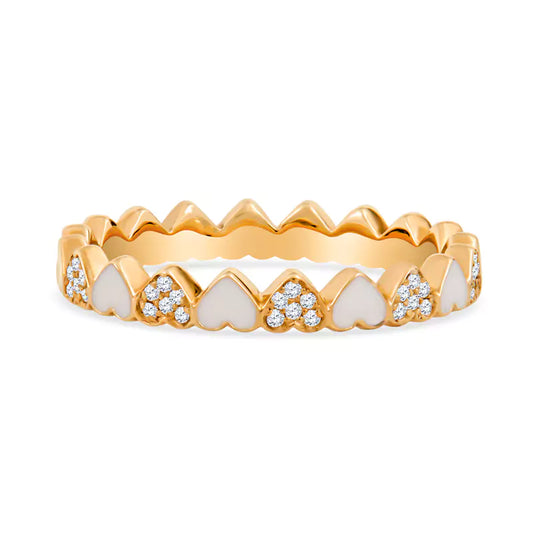 Sweet Surprise: Enamel & Diamonds Create a Unique Alternating Heart 14K Yellow Gold Ring