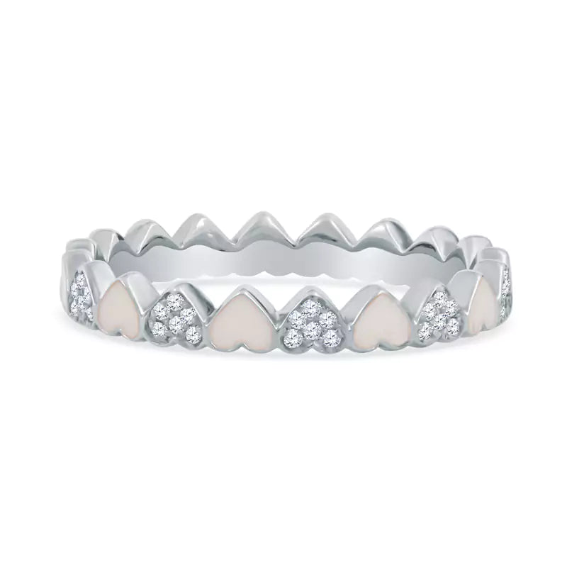 Sweet Surprise: Enamel & Diamonds Create a Unique Alternating Heart 14K White Gold Ring