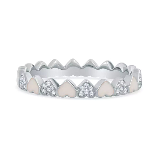 Sweet Surprise: Enamel & Diamonds Create a Unique Alternating Heart 14K White Gold Ring