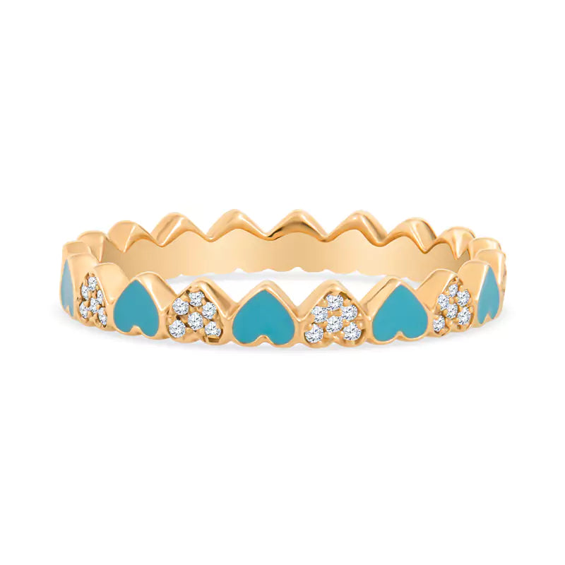 Mesmerizing Mosaic: 21 Hearts Create a Unique 14K Yellow Gold Ring with Diamonds & Blue Enamel