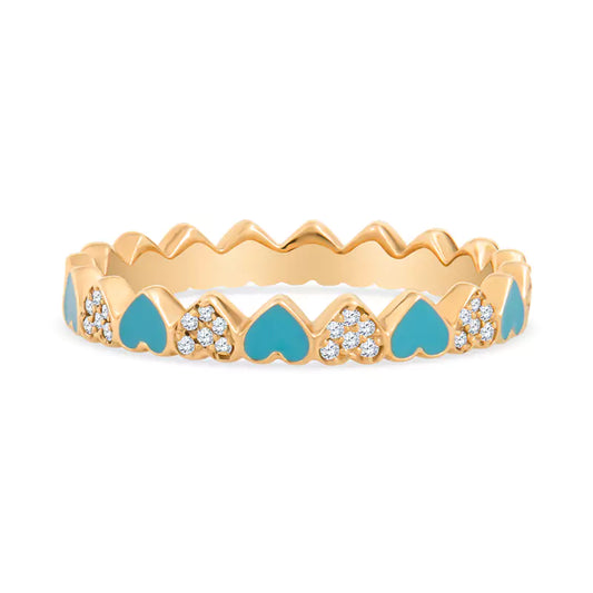 Mesmerizing Mosaic: 21 Hearts Create a Unique 14K Yellow Gold Ring with Diamonds & Blue Enamel