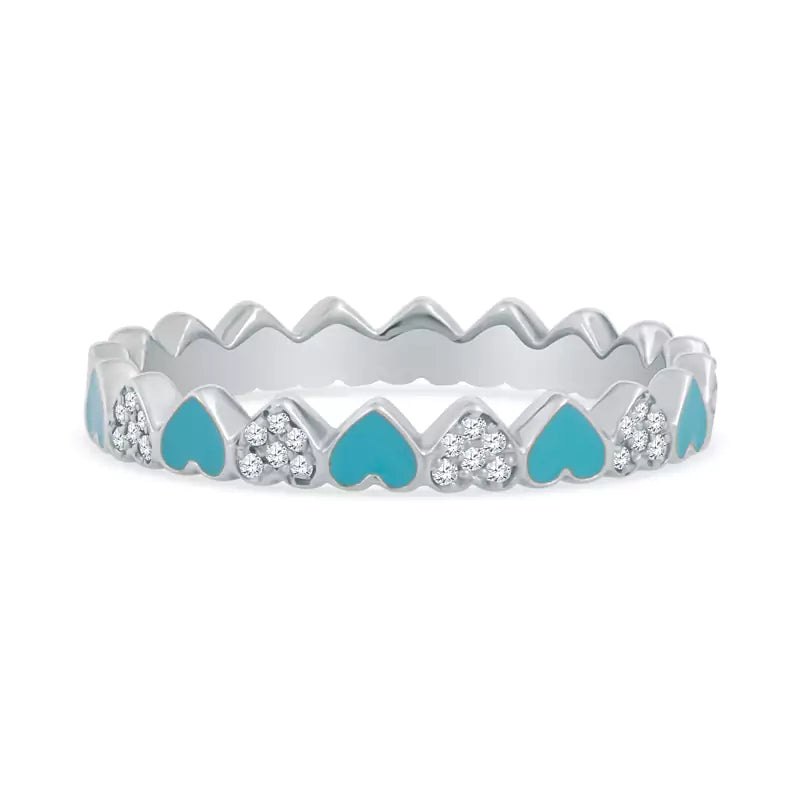 Mesmerizing Mosaic: 21 Hearts Create a Unique 14K White Gold Ring with Diamonds & Blue Enamel