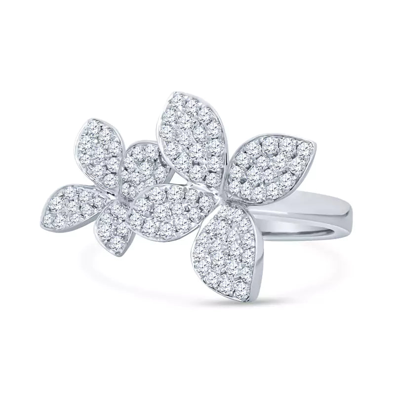 Sparkling Blossoms: 0.97 CT Diamonds Adorn Delicate Petals in This Double Flower 18K White Gold Ring
