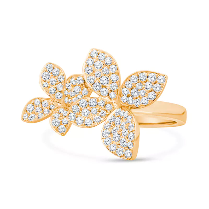 Sparkling Blossoms: 0.97 CT Diamonds Adorn Delicate Petals in This Double Flower 18K Yellow Gold Ring