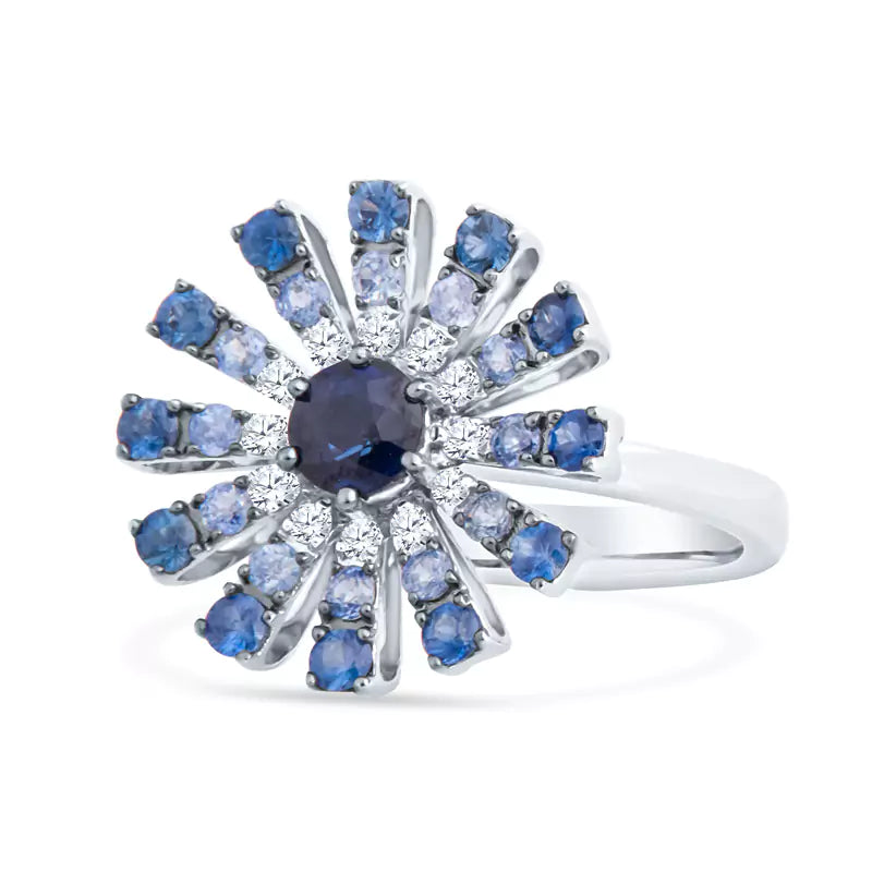 Blooming Enchantment: Blue Gemstones Paint a Gradient in This Floral 18K White Gold Ring