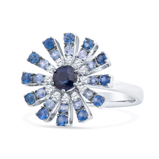 Blooming Enchantment: Blue Gemstones Paint a Gradient in This Floral 18K White Gold Ring