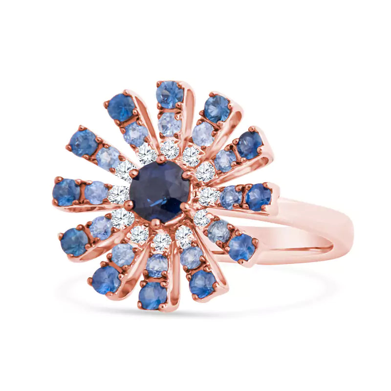 Blooming Enchantment: Blue Gemstones Paint a Gradient in This Floral 18K Rose Gold Ring