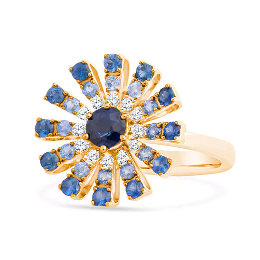 Blooming Enchantment: Blue Gemstones Paint a Gradient in This Floral 18K Yellow Gold Ring
