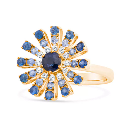 Blooming Enchantment: Blue Gemstones Paint a Gradient in This Floral 18K Yellow Gold Ring