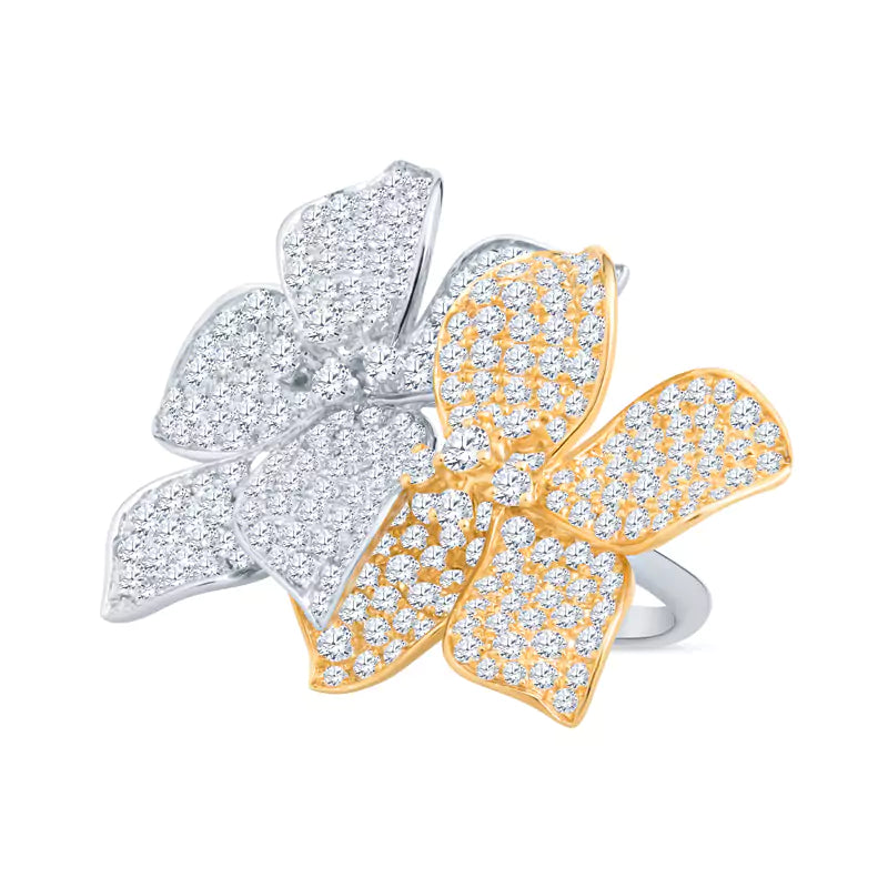 Dual Blooms: Diamond-Encrusted Flowers Embrace in this Two-Tone Masterpiece White & Yellow Gold Ring