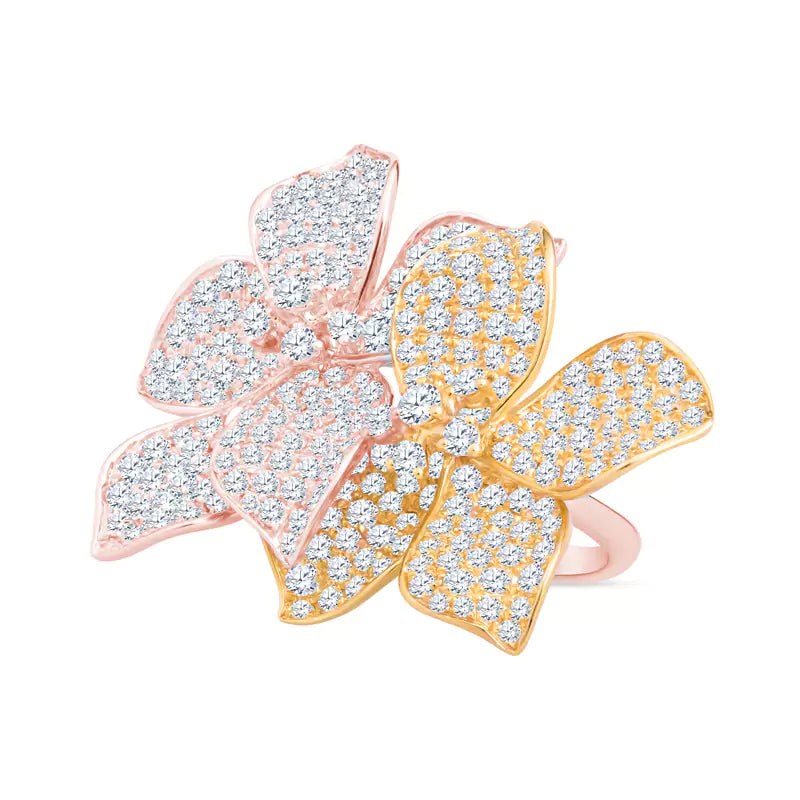 Dual Blooms: Diamond-Encrusted Flowers Embrace in this Two-Tone Rose & Yellow Gold Ring