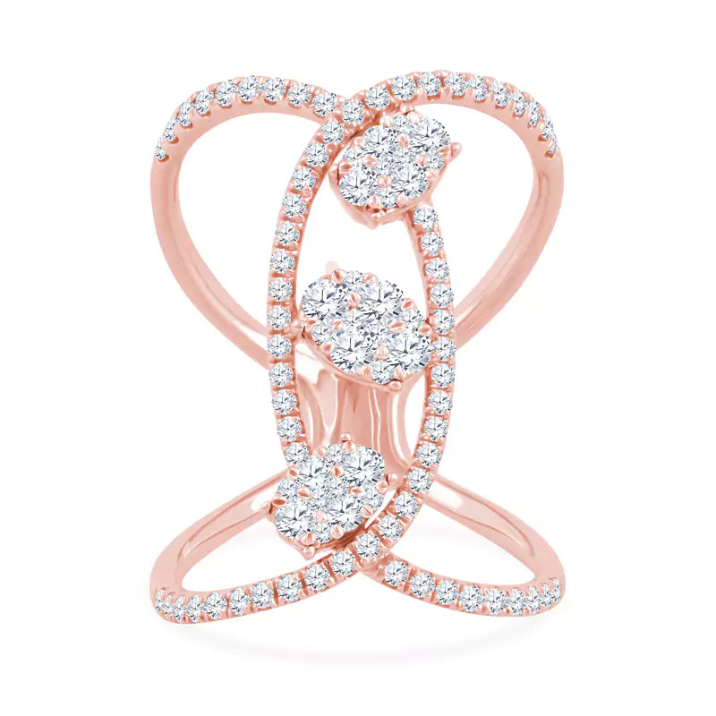 Intertwined Brilliance: 1.11 CTW Ovals Dance in This Crossover Cluster Rose Gold Ring