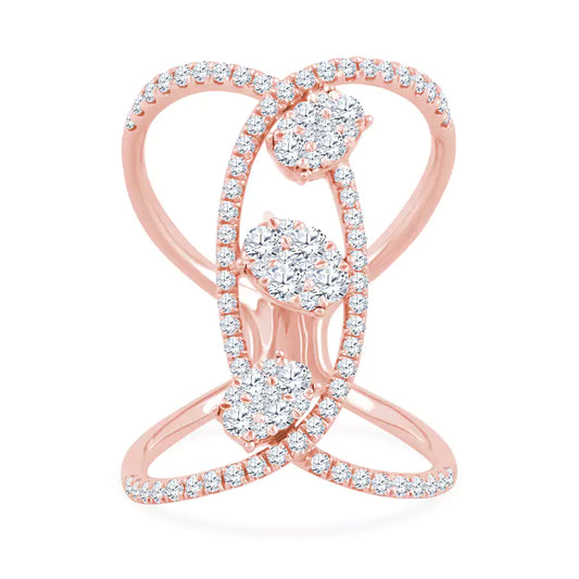 Intertwined Brilliance: 1.11 CTW Ovals Dance in This Crossover Cluster Rose Gold Ring