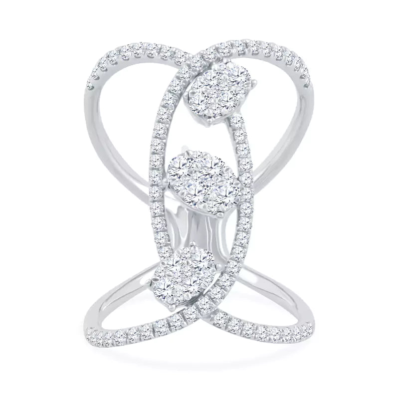 Intertwined Brilliance: 1.11 CTW Ovals Dance in This Crossover Cluster White Gold Ring