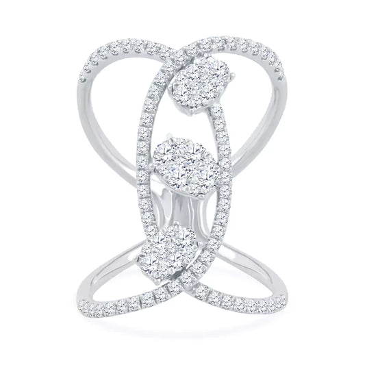 Intertwined Brilliance: 1.11 CTW Ovals Dance in This Crossover Cluster White Gold Ring