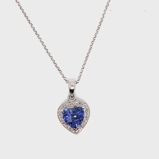 White Gold Sapphire Natural Diamond Pendant | 14K Heart Halo Necklace