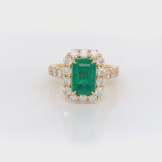 18K Yellow Emerald Diamond Ring | Brilliant 2.24 EM & 1.76 CTW Halo Design