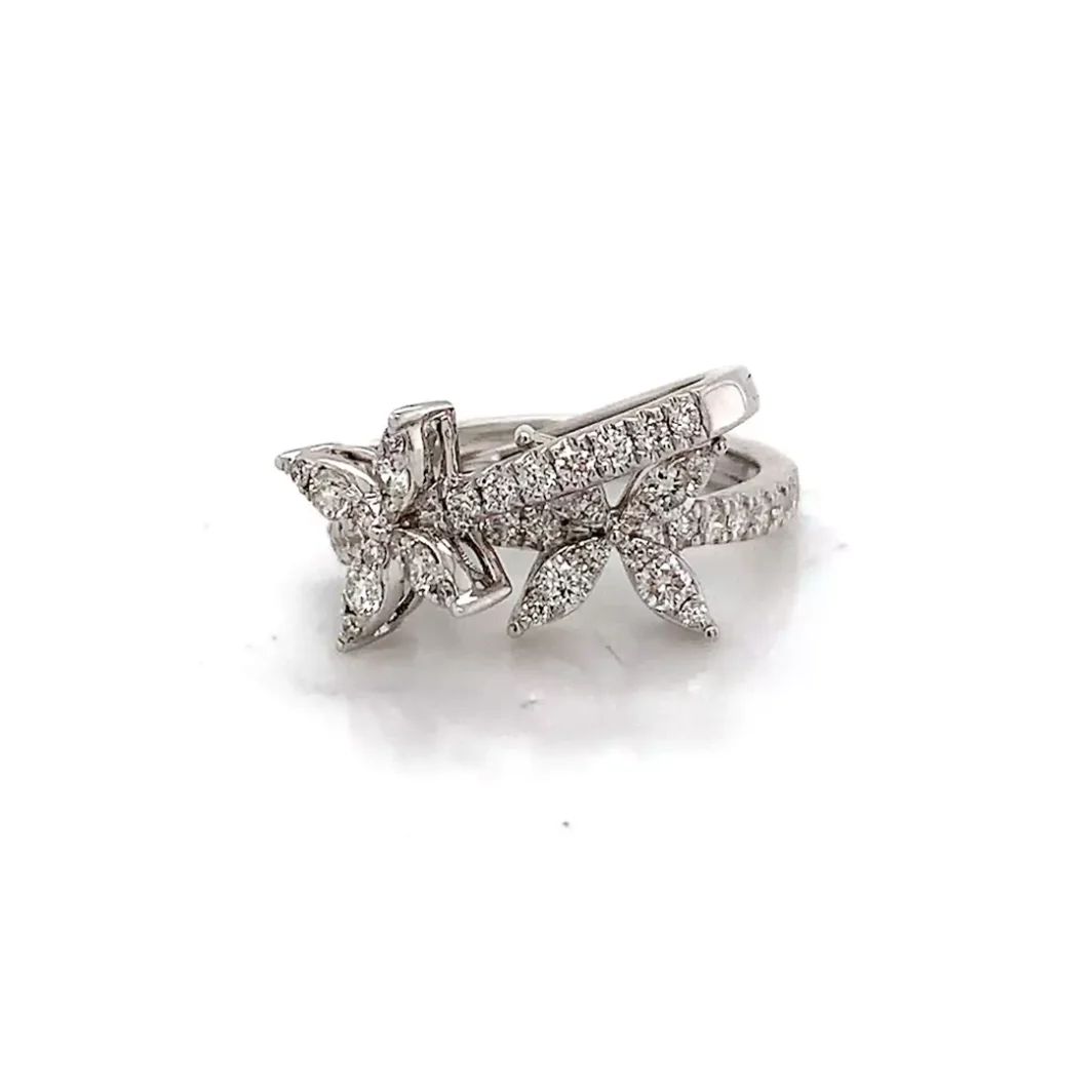 Delicate 18K White Gold Diamond Huggie Earrings with Floral Design